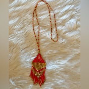 Antique Glass Beaded Flapper Sautoir Necklace Red & Gold 14”